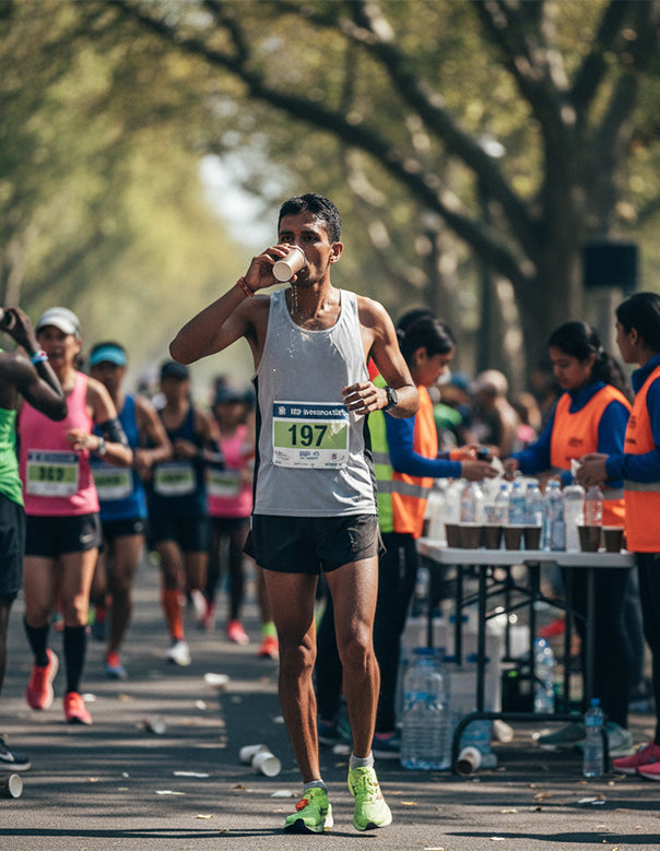 Indian endurance runner post-race, seated and recovering, pouring an electrolyte drink from a bottle into a cup, visible sweat on face and arms, warm outdoor light. Candid documentary-style sports photography, authentic fatigue and recovery expression.