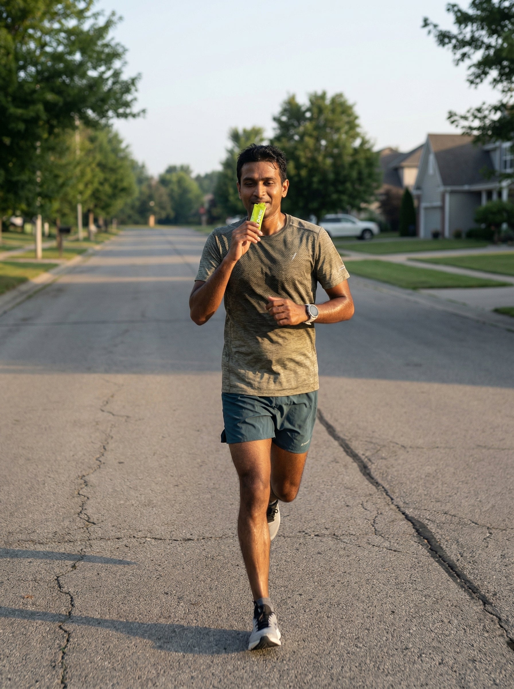 Indian male runner consuming an energy gel during a long training run, illustrating the importance of practising race-day fuelling to train the gut for endurance events