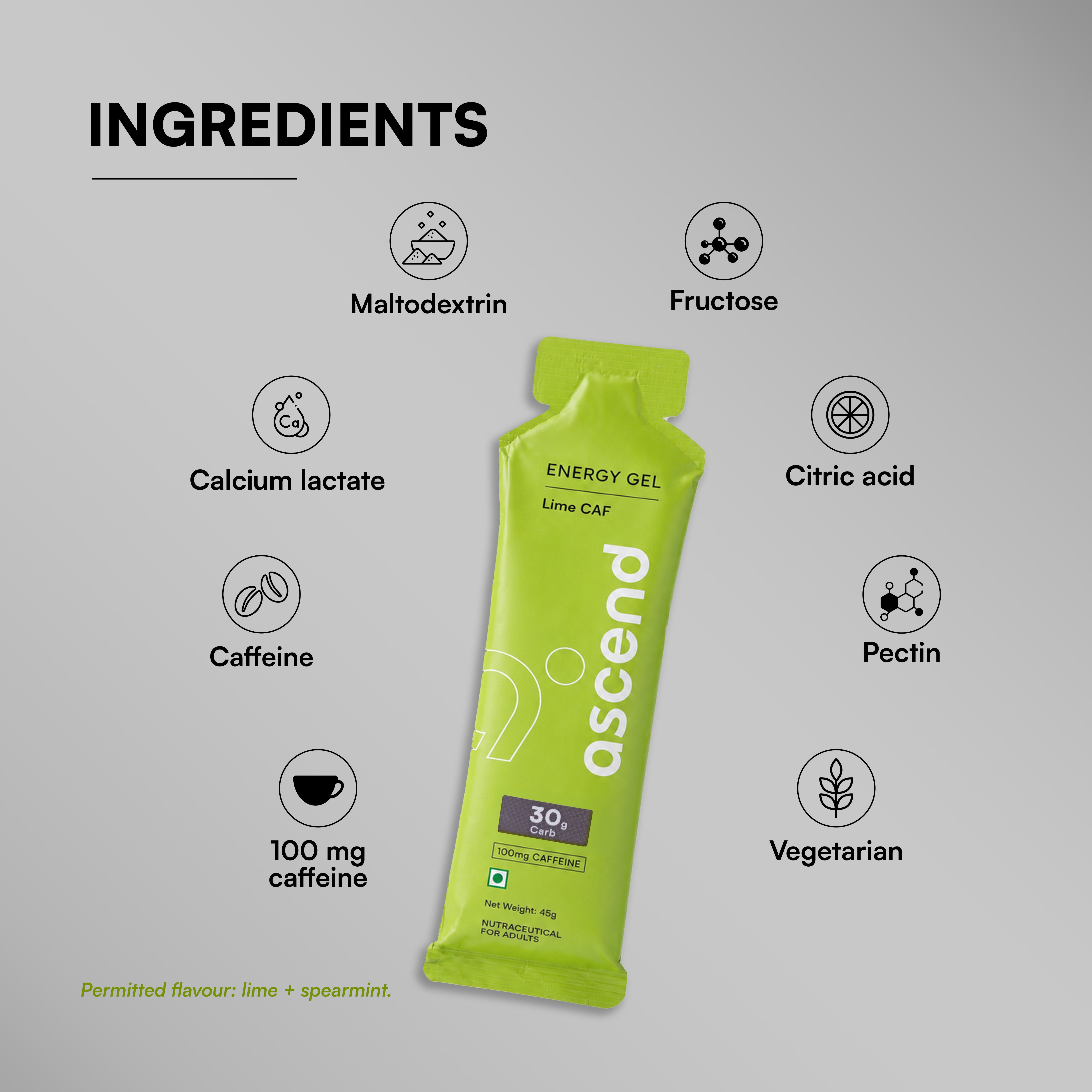 30 gm Carbs & 100 mg Caffeine - Ascend Energy Gel (Lime CAF)