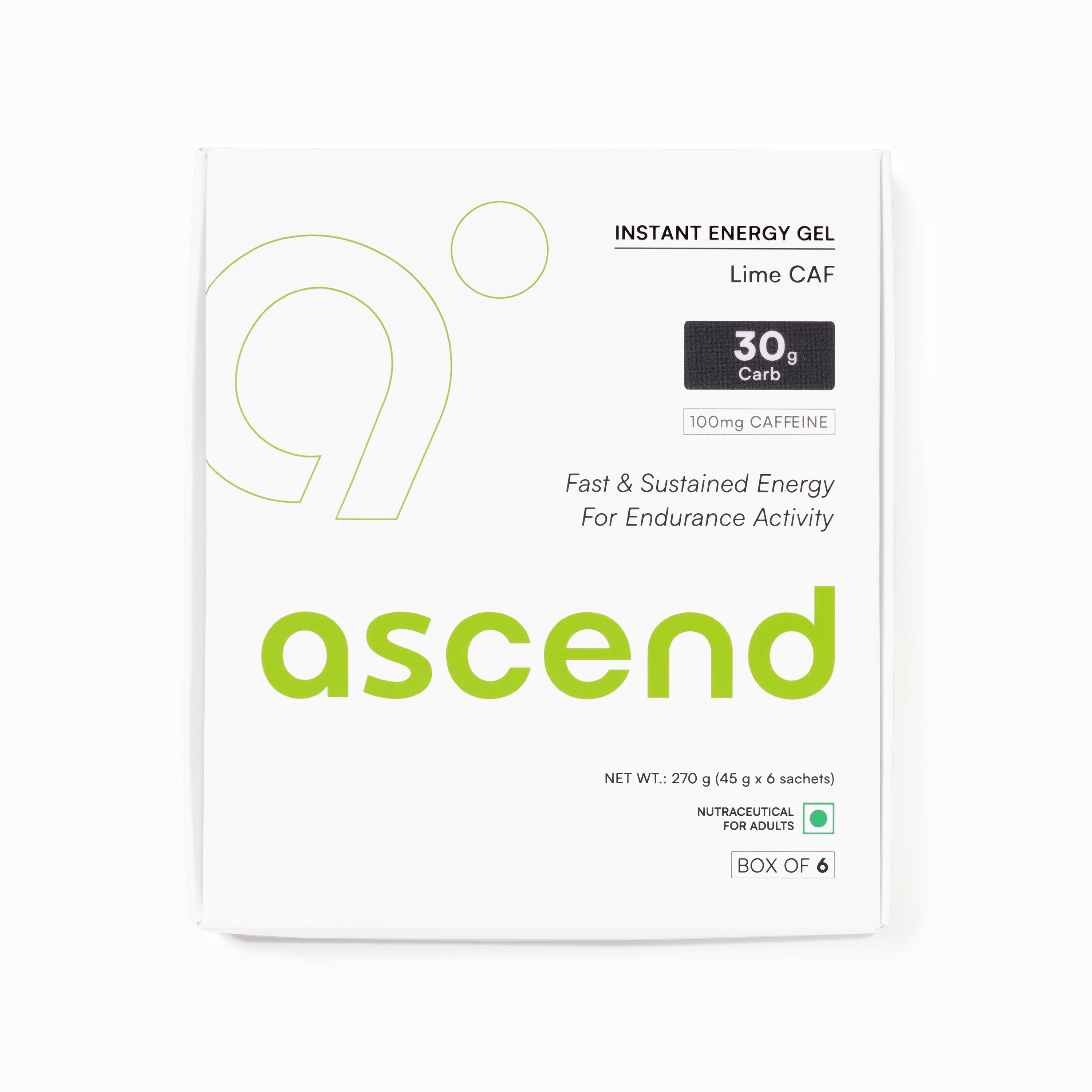 Ascend Lime CAF Energy Gel 30g carbs 100mg caffeine for runners India
