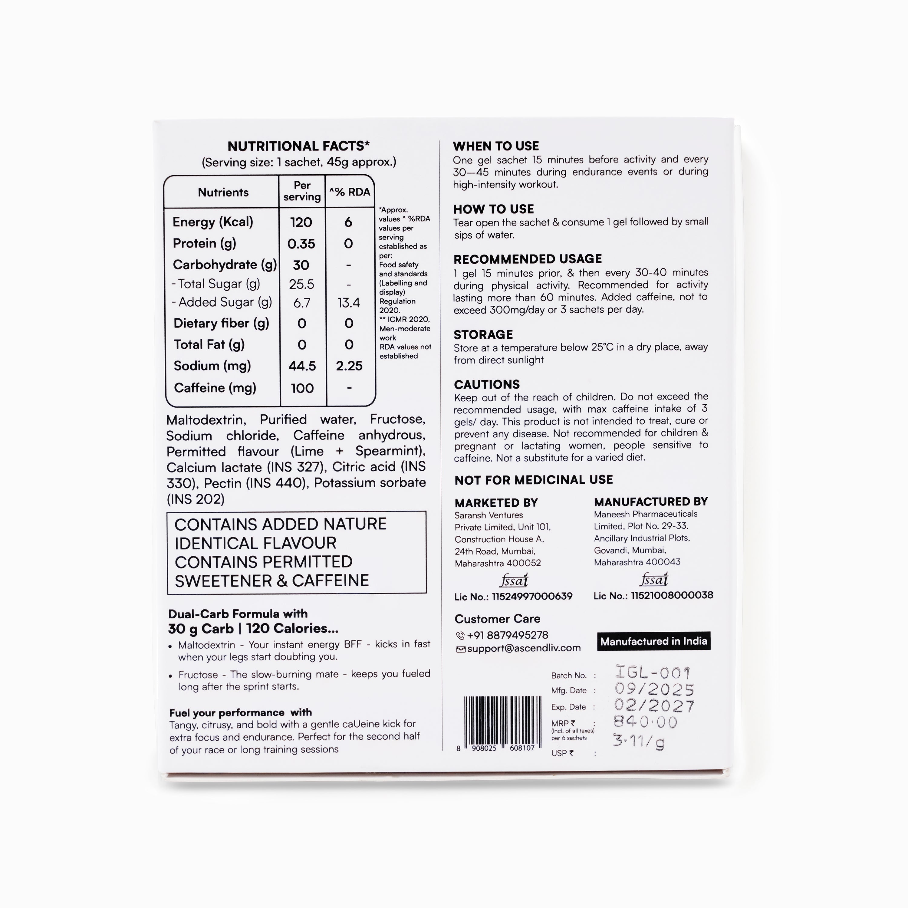 30 g carbs and 100 mg caffeine Ascend energy gel India