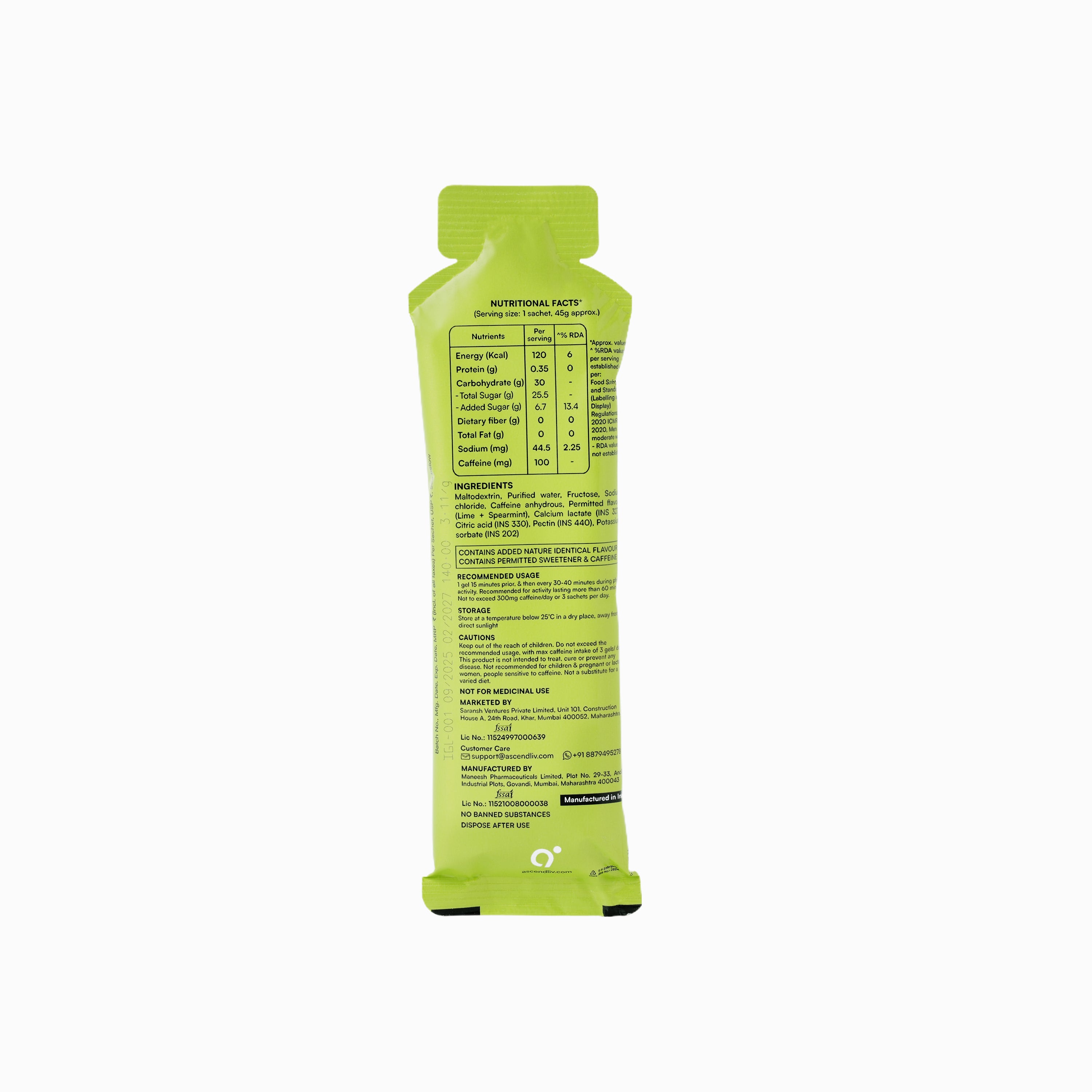 Nutritional value of energy gels caffeinated in India