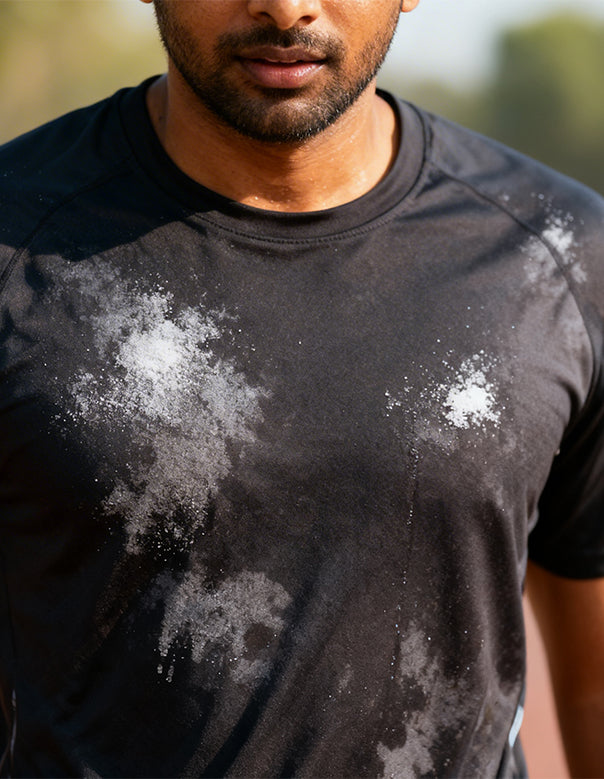Dark running shirt with visible white salt marks after a long workout, showing electrolyte loss through sweat