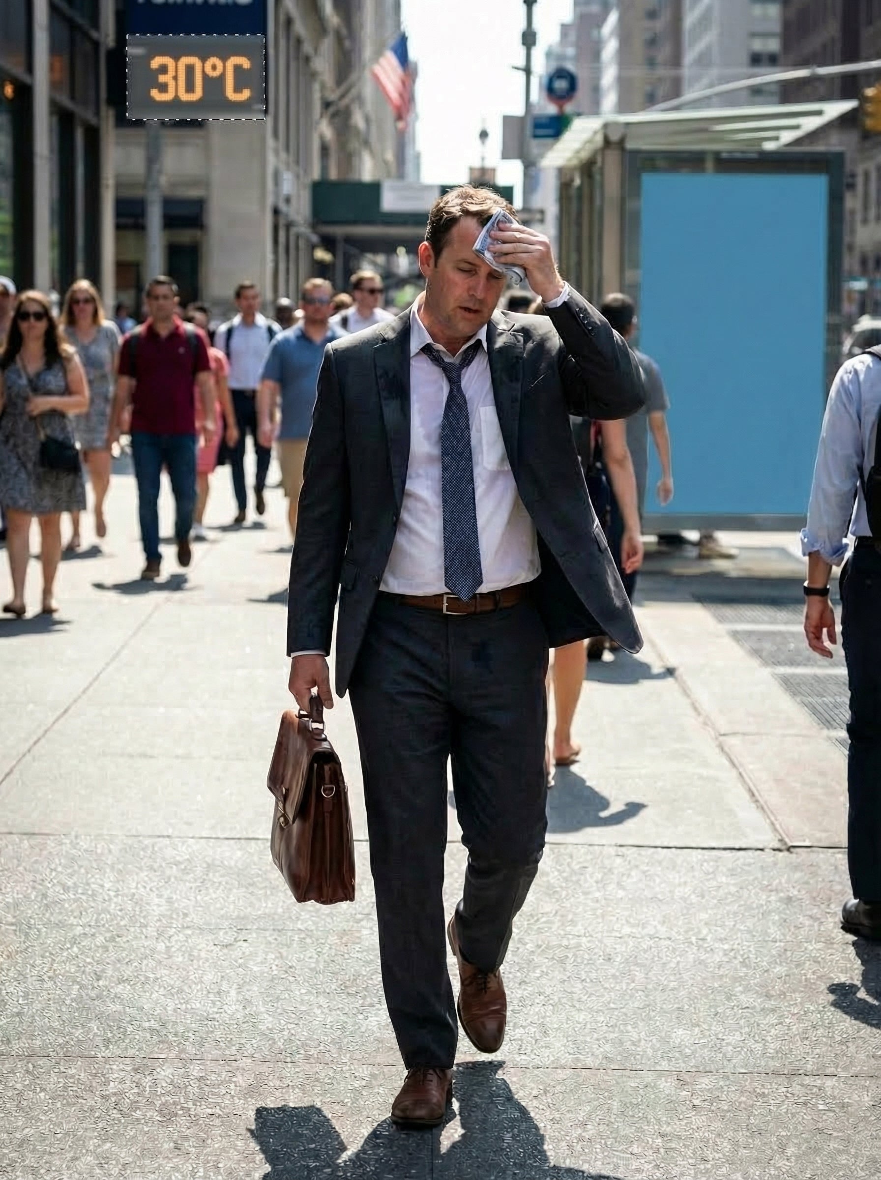 A professional walking on a hot city street with visible sweat, showing that electrolyte loss happens outside of workouts too