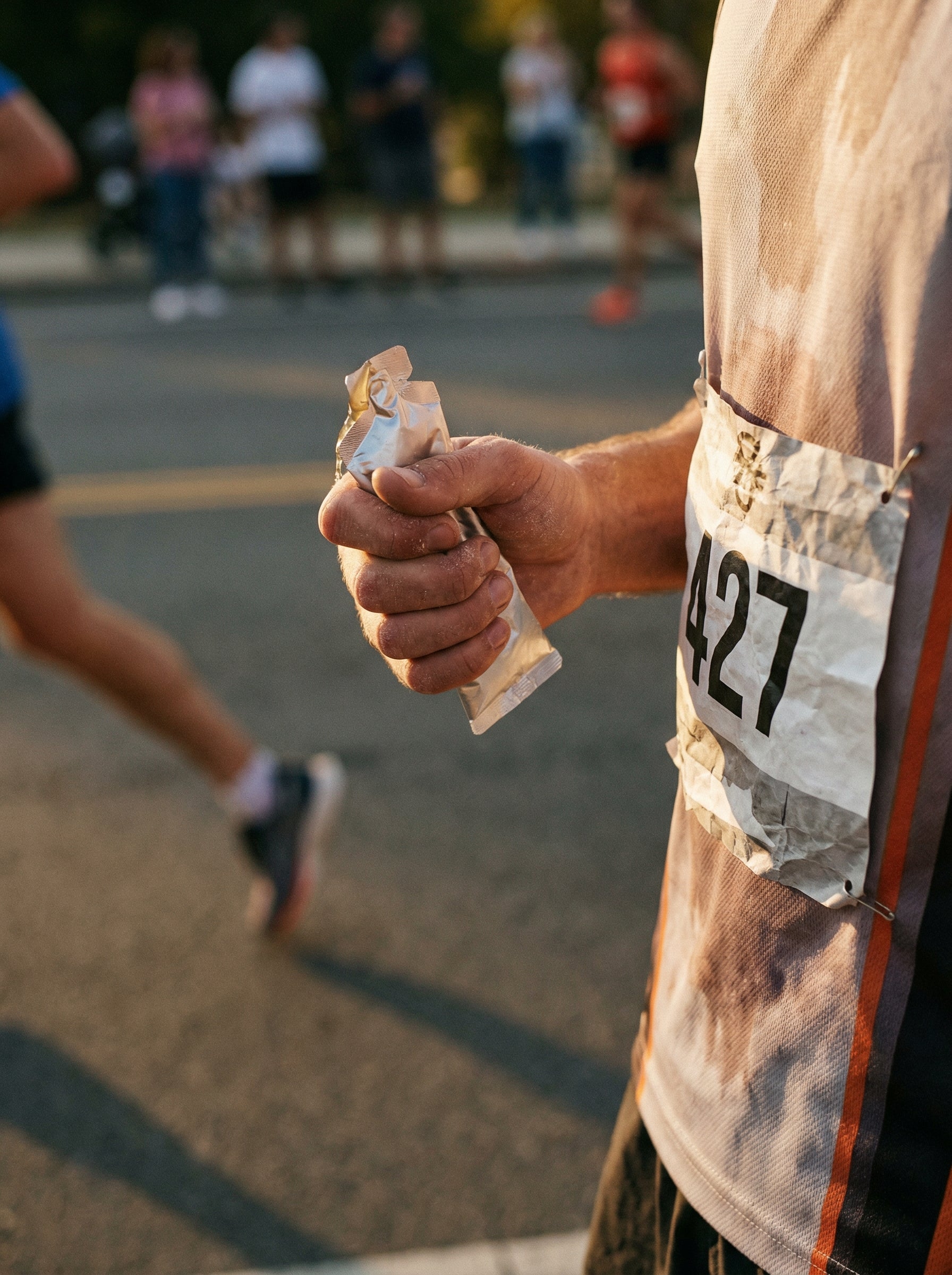 Indian marathon runner pulling out an energy gel early in a race, looking strong and composed — illustrating the importance of fuelling on schedule before fatigue sets in