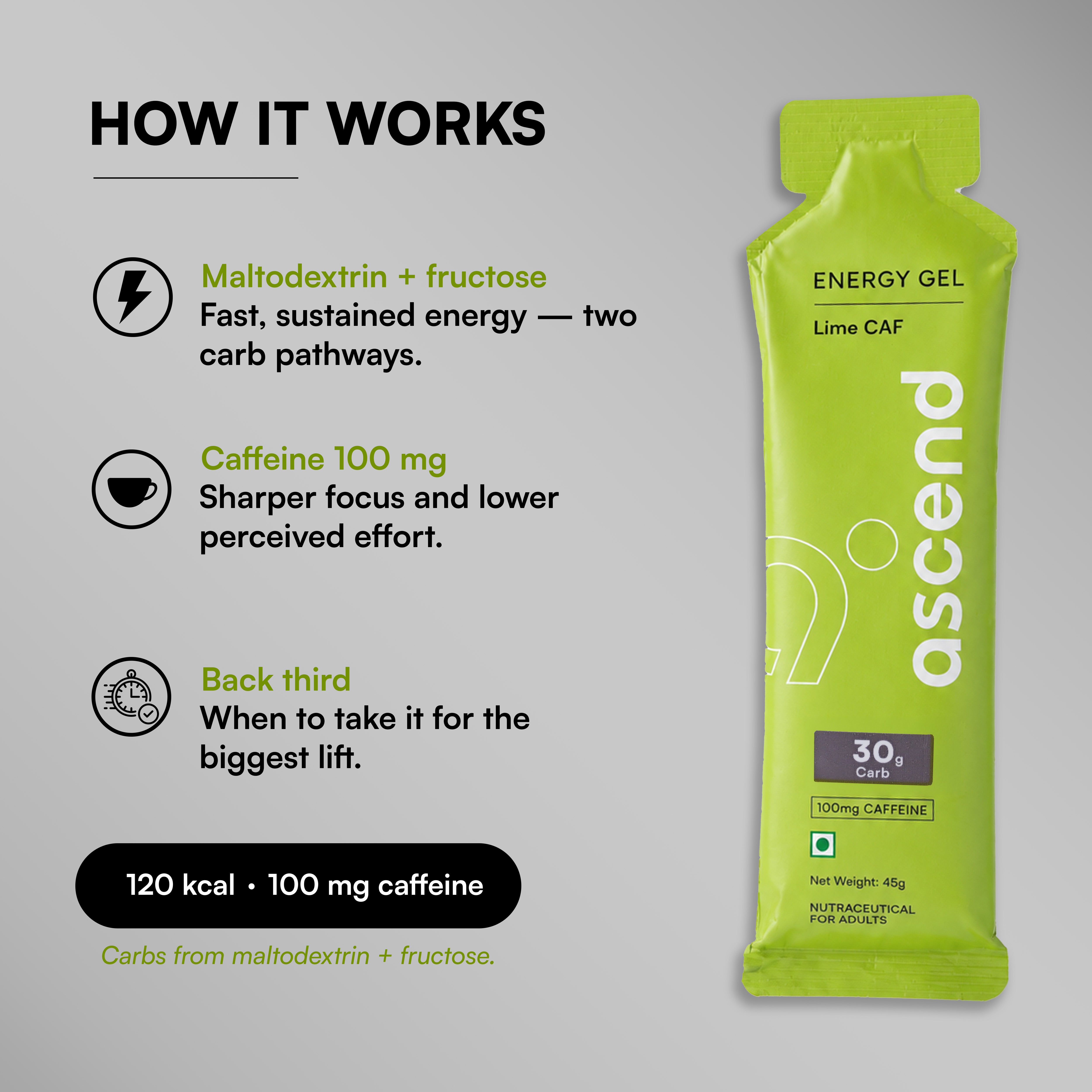 Energy Gel 100mg Caffeine + 30g Carbs, Lime – Ascend Liv
