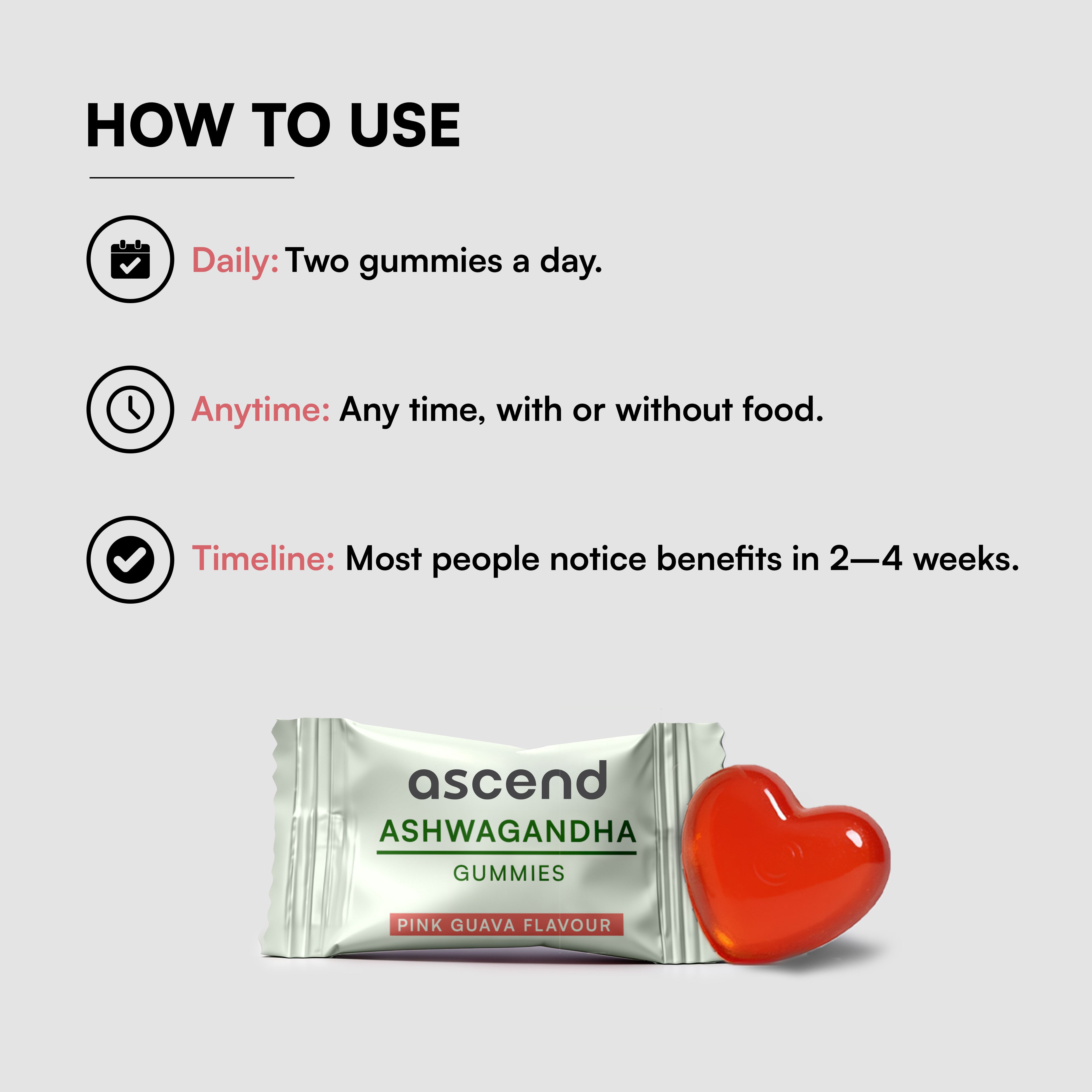 2 ashwagandha gummies (500 mg per serving) per day to improve stress levels. 