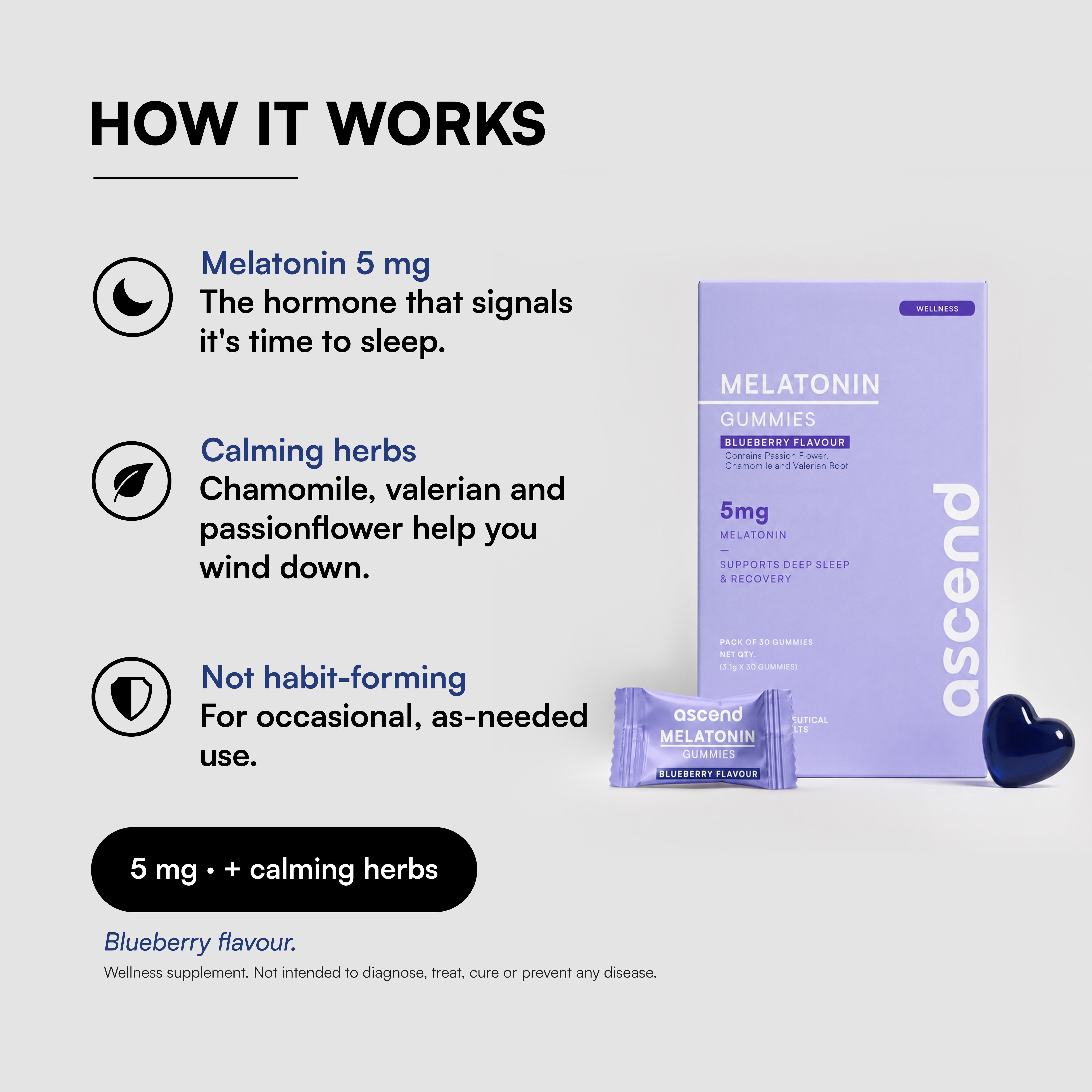 Melatonin with Chamomile, Passionflower and Tagar for restful sleep support.